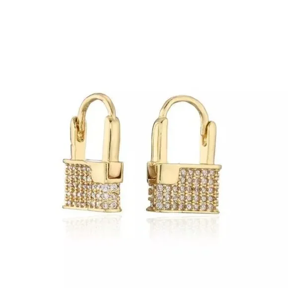 Lock Hoop Earrings Cubic Zircon Earring Gold Color Women Ear Jewelry - Picture 3 of 8